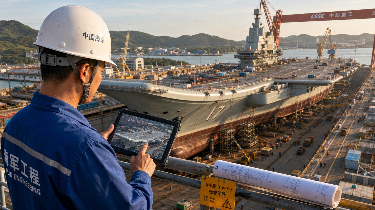 Trabalhador da engenharia naval com capacete branco usando tablet na doca com porta-aviões em construção.