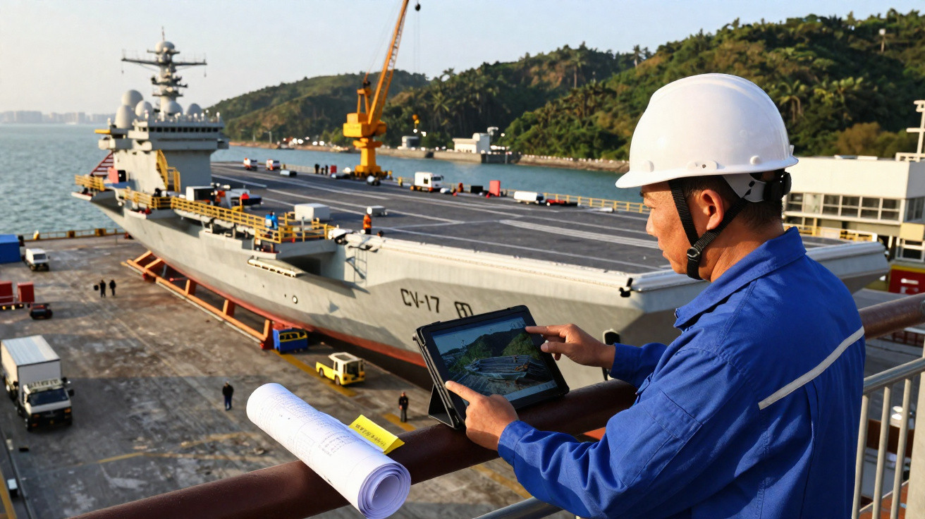Homem de capacete branco e macacão azul analisa projeto em tablet no porto com navio aeródromo ao fundo.