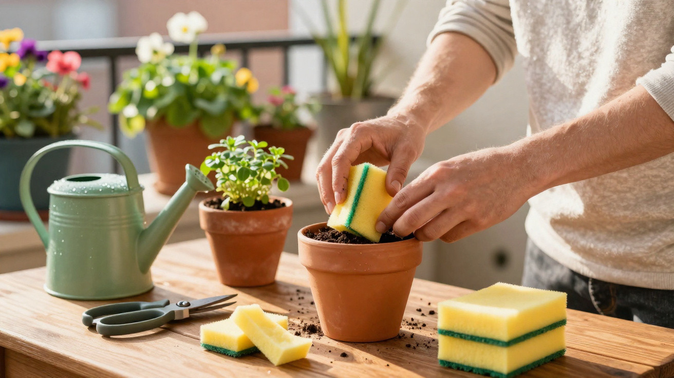 Pessoa usando esponja para limpar vaso de planta em mesa com regador, tesoura e plantas em vasos.