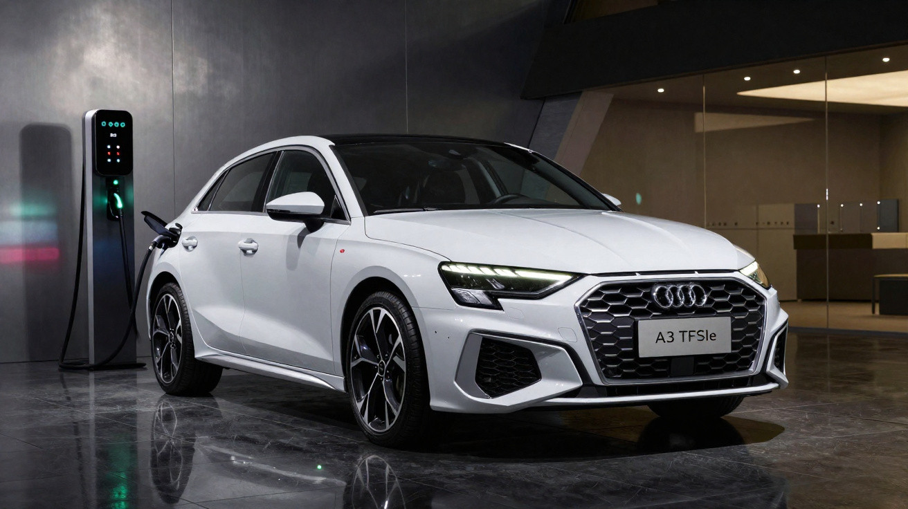 Carro elétrico Audi A3 TFSi e branco em carregador em ambiente interno moderno e elegante.