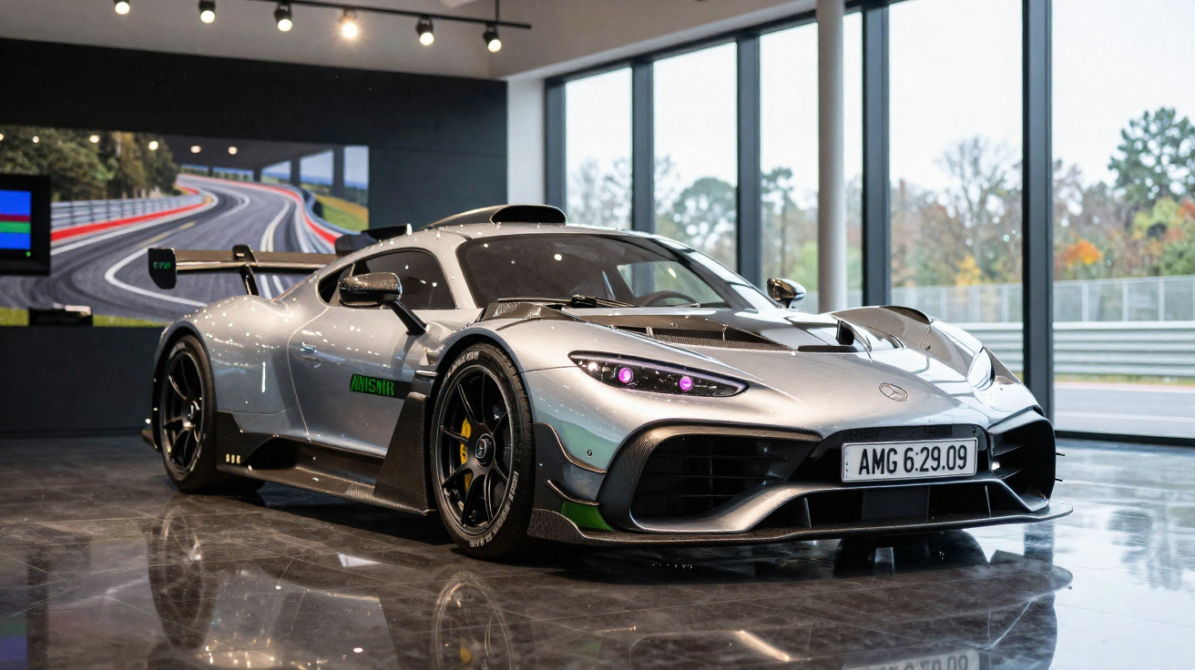 Carro de corrida Mercedes-AMG prata exibido em showroom moderno com grandes janelas e piso refletivo.