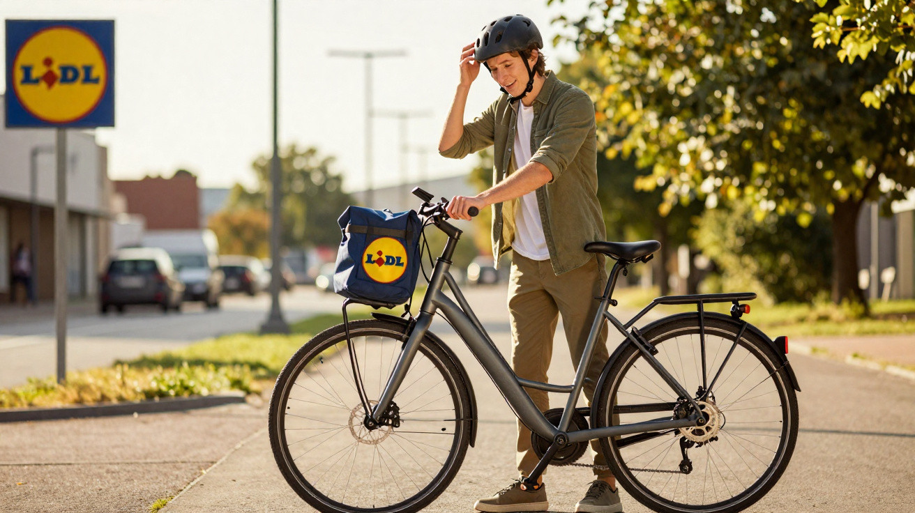 Homem com capacete ajustando chapéu ao lado de bicicleta com bolsa azul e logo do Lidl em ambiente urbano.