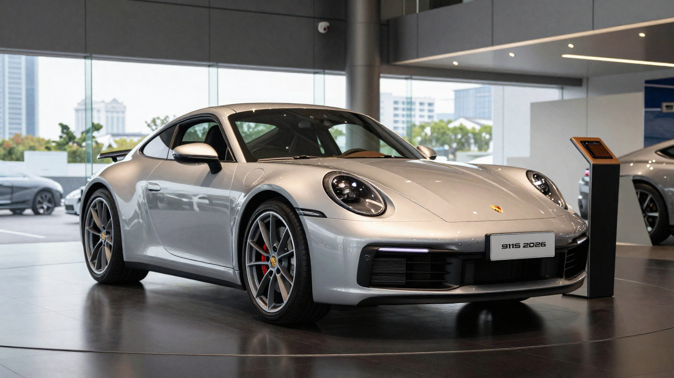 Carro esportivo prata Porsche 911 2026 em exposição dentro de showroom moderno com vidros grandes.