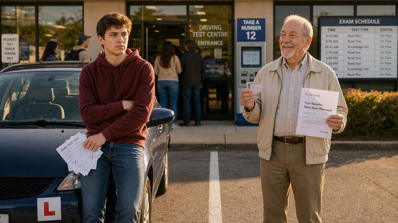 Jovem esperando ao lado de carro com teste de direção enquanto homem mais velho segura documento e carteira de motorista.