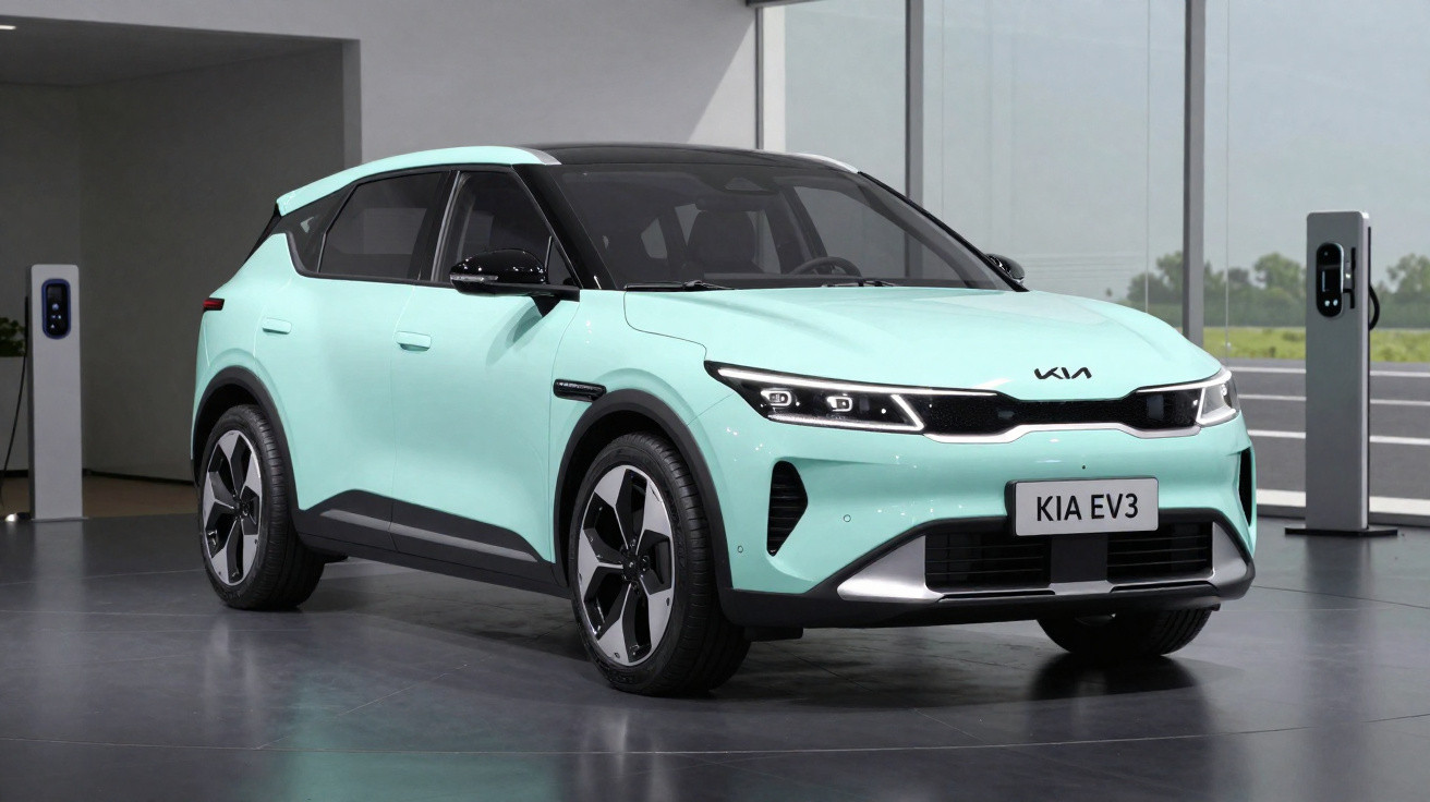 Carro elétrico Kia EV3 azul claro estacionado em showroom com estações de recarga ao fundo.