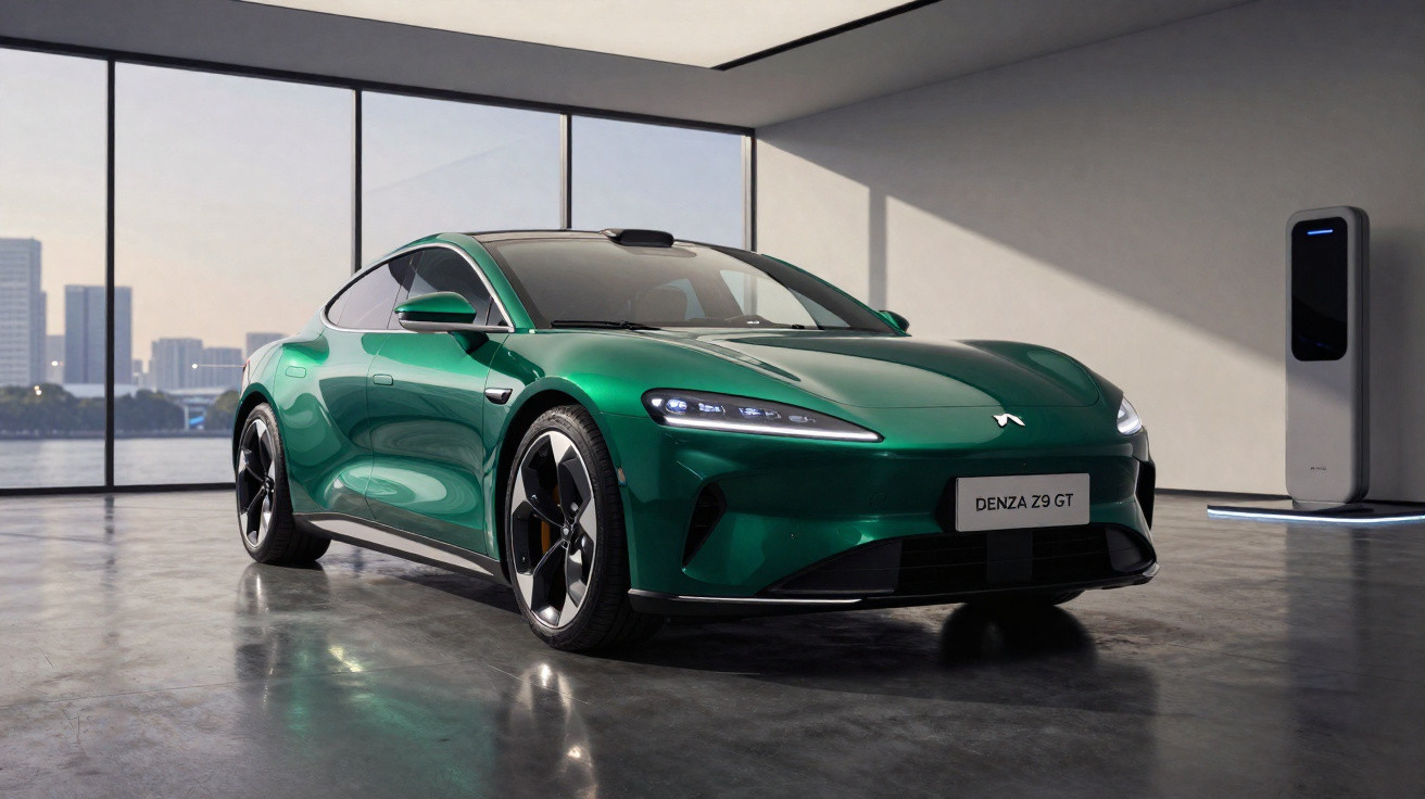 Carro esportivo elétrico verde estacionado em ambiente moderno com janela panorâmica e carregador elétrico.