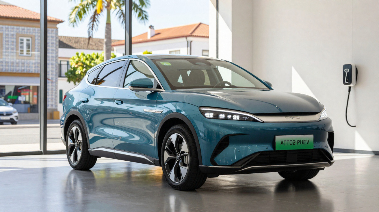 Carro elétrico azul ATTO 2 PHEV estacionado em showroom moderno com parede branca e estação de recarga.