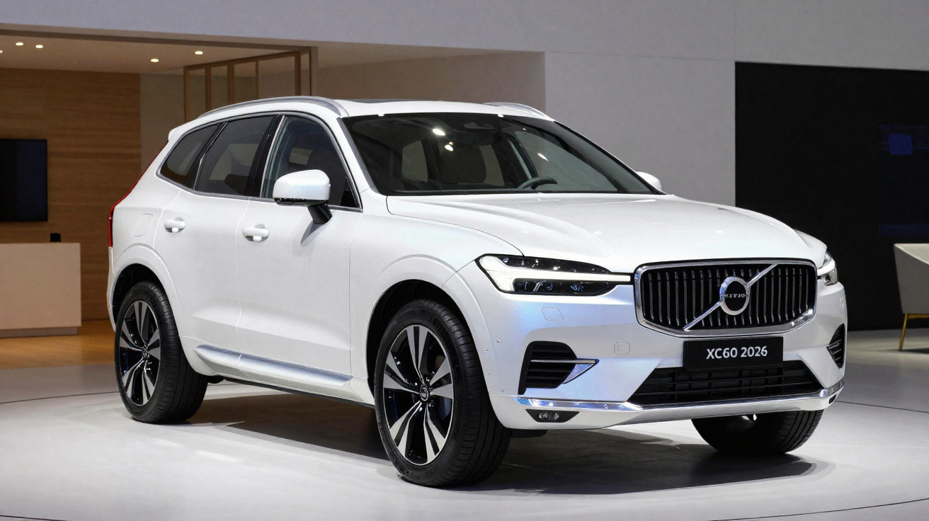 SUV branco Volvo XC60 2026 exibido em ambiente interno com iluminação suave.