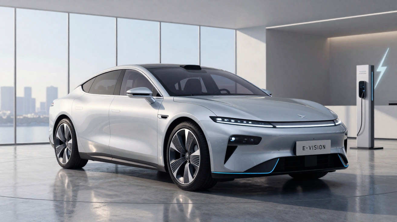 Carro elétrico prata estacionado em ambiente moderno, com estação de recarga ao fundo.