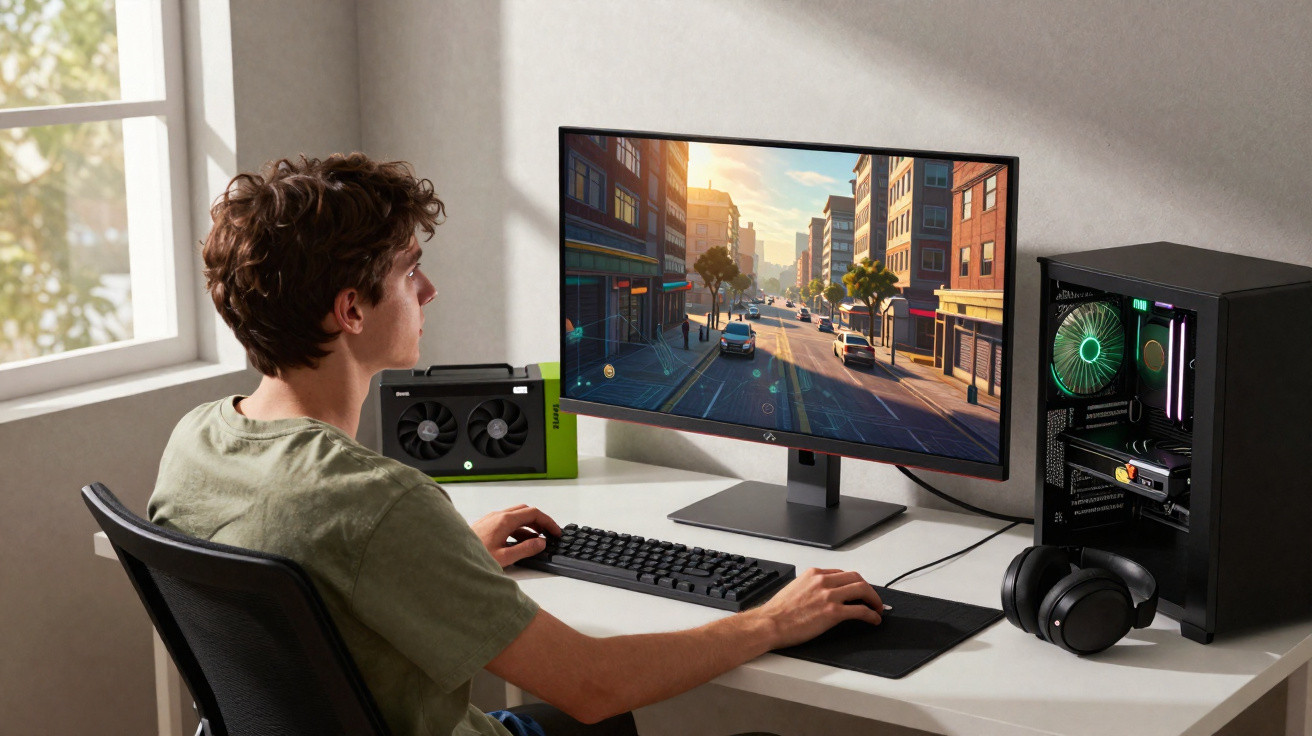 Jovem jogando videogame em computador desktop com monitor grande em ambiente iluminado por janela.