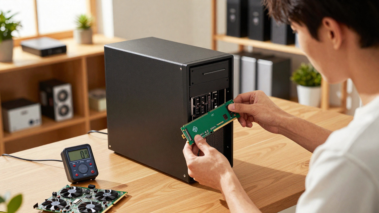 Homem instalando memória RAM em computador desktop sobre mesa de madeira.