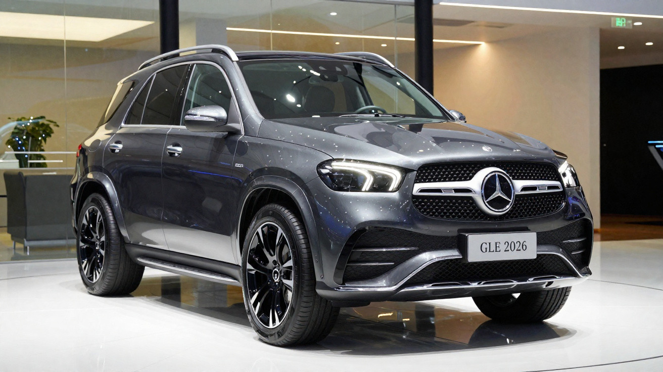 Carro SUV Mercedes-Benz GLE 2026 cinza em exposição dentro de showroom moderno e iluminado.
