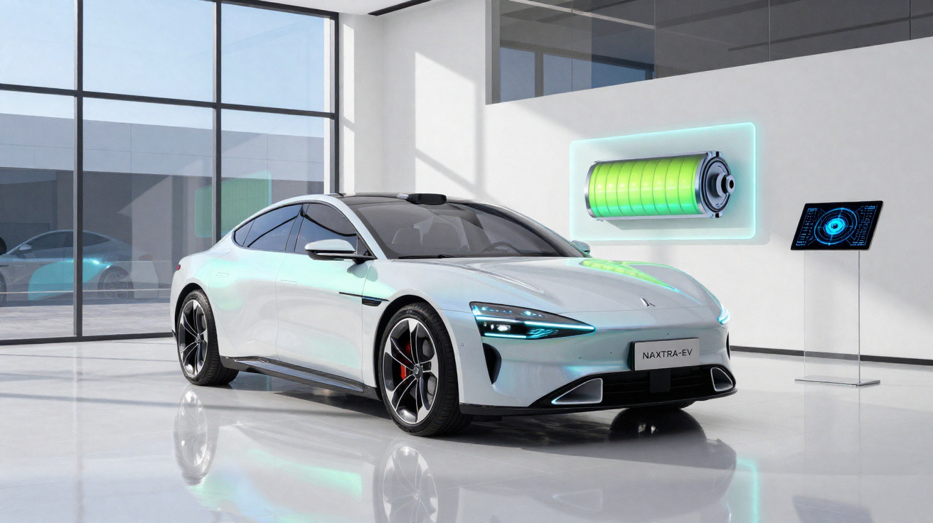 Carro elétrico branco numa sala moderna com display holográfico de bateria verde acima do capô.