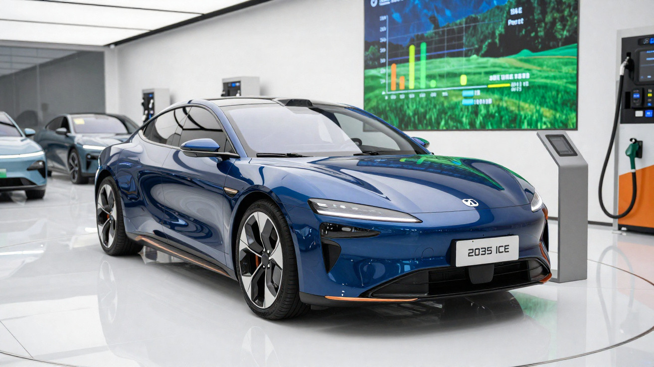 Carro elétrico azul modelo 2035 ICE exibido em showroom moderno com painel digital ao fundo.