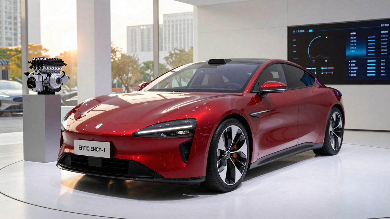 Carro esportivo vermelho elétrico Efficiency-1 exposto em showroom moderno com motor ao lado.