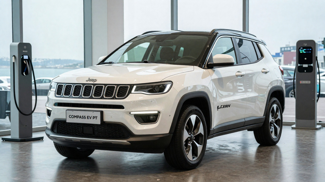 Carro SUV elétrico Jeep Compass EV PT branco em showroom próximo a dois pontos de recarga.