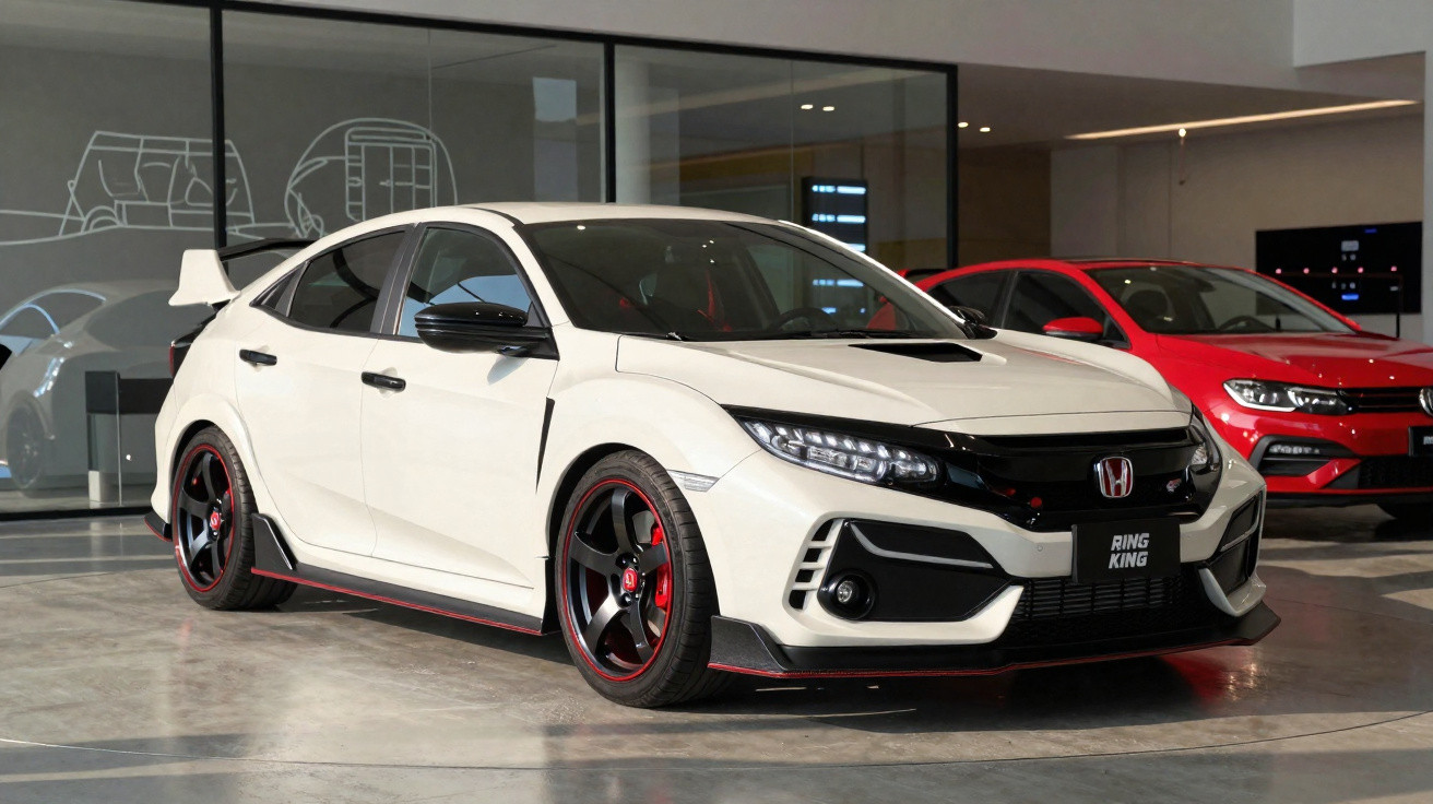 Carro esportivo Honda Civic branco com detalhes pretos e vermelhos, exibido em showroom moderno.
