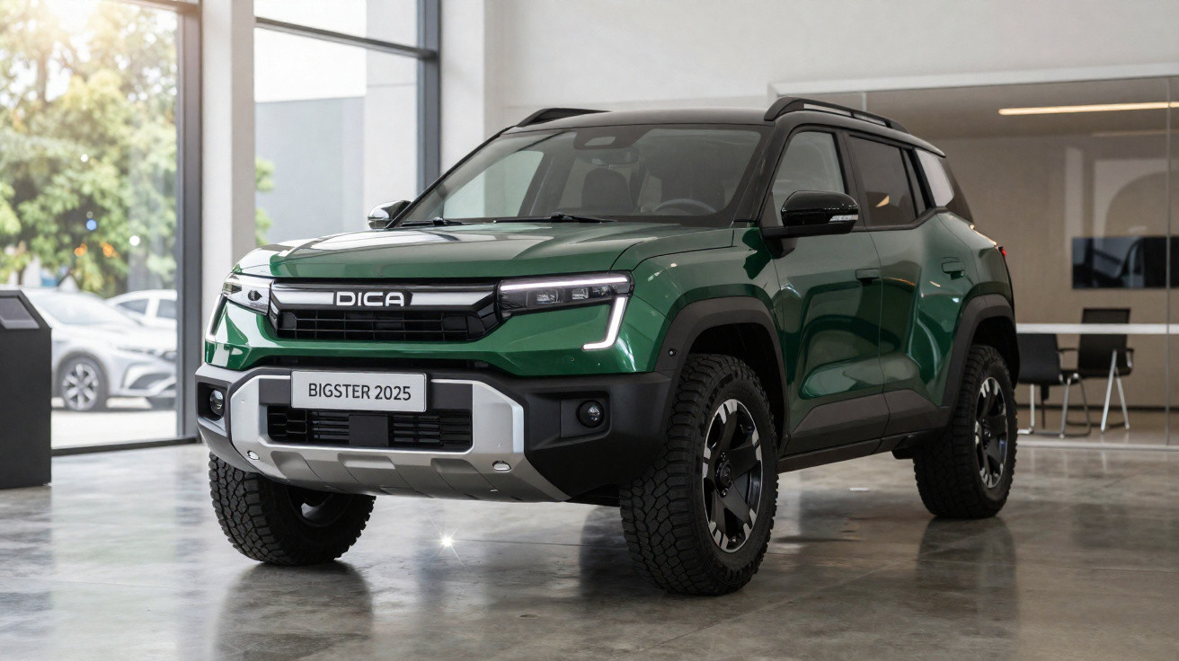 SUV verde Dica Bigster 2025 estacionado em showroom moderno com piso de concreto polido.