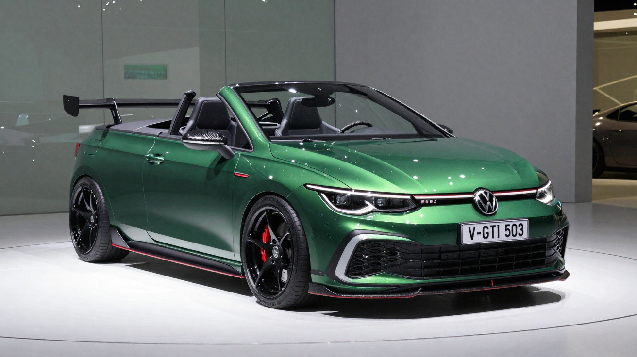 Carro conversível esportivo Volkswagen verde metálico com detalhes vermelhos em exposição.