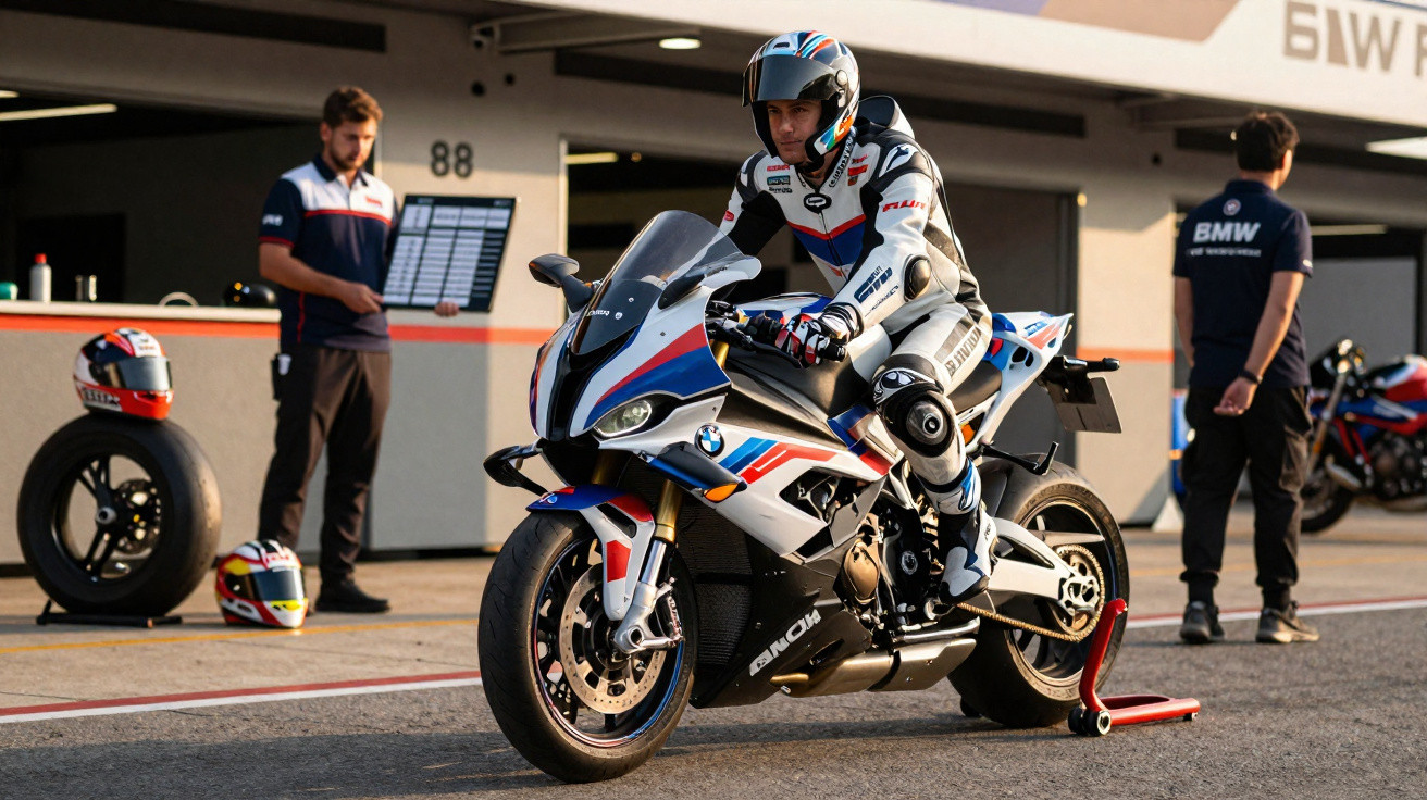 Piloto em roupa de corrida branca em motocicleta BMW esportiva na pista com equipe ao fundo.