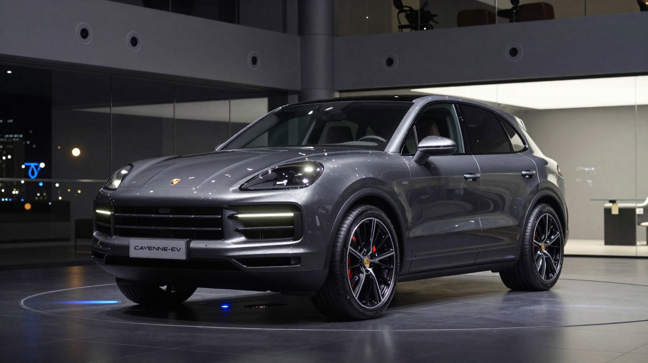 SUV elétrico Porsche Cayenne EV cinza em exposição em ambiente interno moderno à noite.