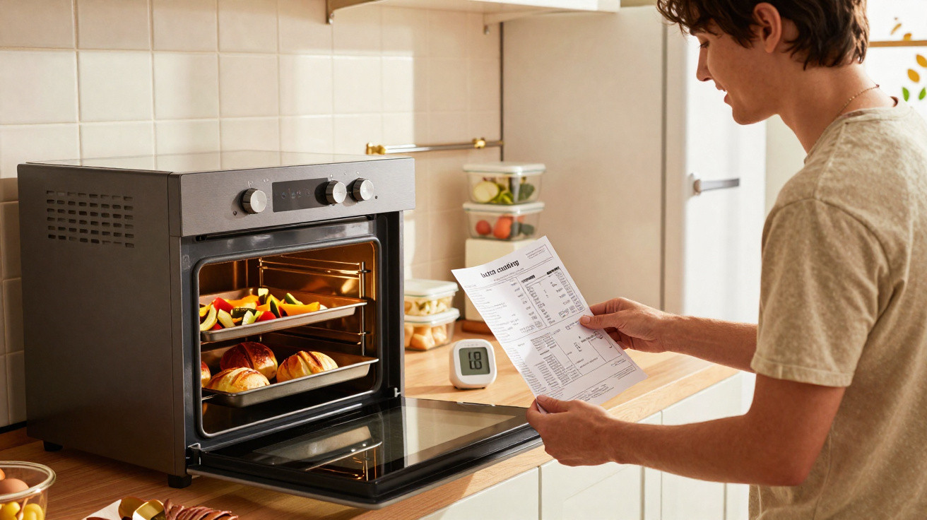 Pessoa lendo instruções em frente a forno ligado com pães e legumes dentro na cozinha.