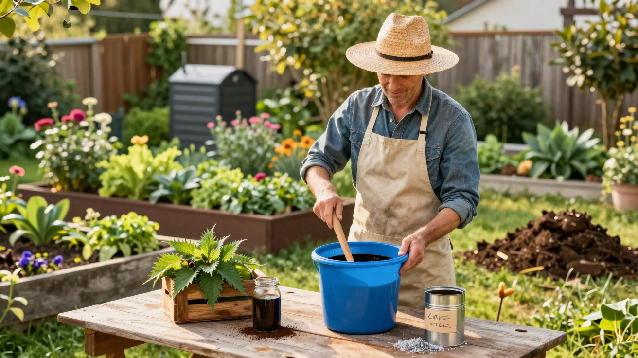 Homem de chapéu mistura terra em balde azul em jardim com plantas e flores coloridas ao fundo.