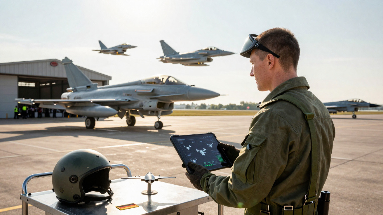 Militar com tablet monitora jatos militares em pista, com capacete e hangar ao fundo em dia claro.