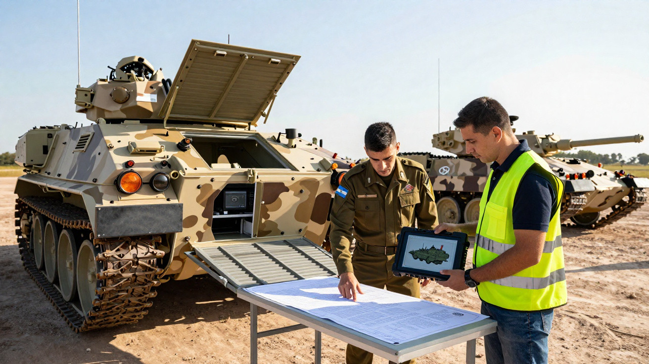 Dois homens, um militar e outro com colete, analisam mapas e imagens digitais próximo a veículos blindados em ambiente aberto