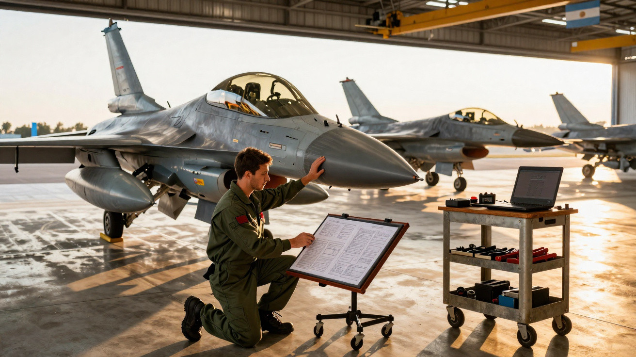Homem em uniforme militar verifica checklist próximo a jato de combate em hangar com outros aviões ao fundo.