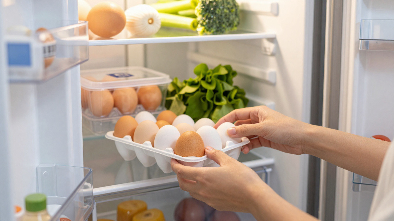 Mãos seguram bandeja com ovos dentro de geladeira organizada com vegetais e alimentos.