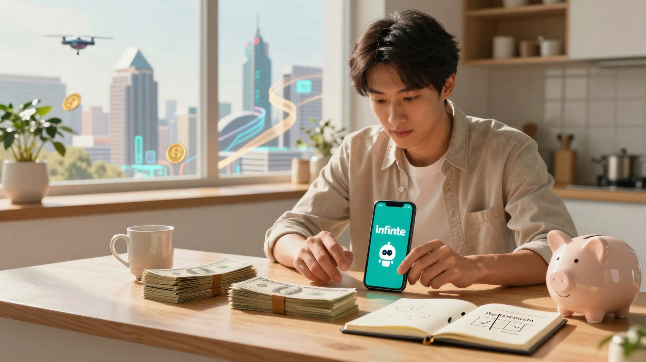 Jovem sentado à mesa com smartphone, pilhas de dinheiro e cofrinho, planeja finanças em ambiente iluminado.