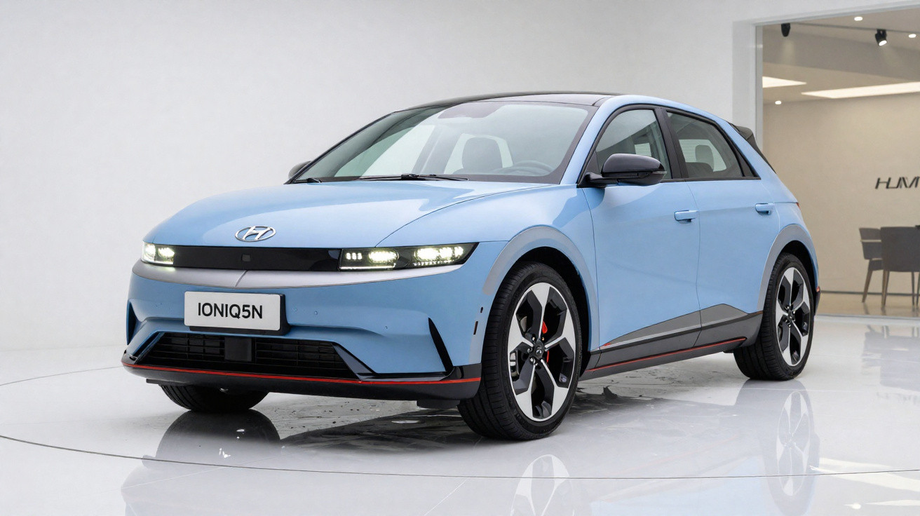 Carro elétrico Hyundai Ioniq 5N azul em estúdio, vista frontal esquerda, rodas esportivas.