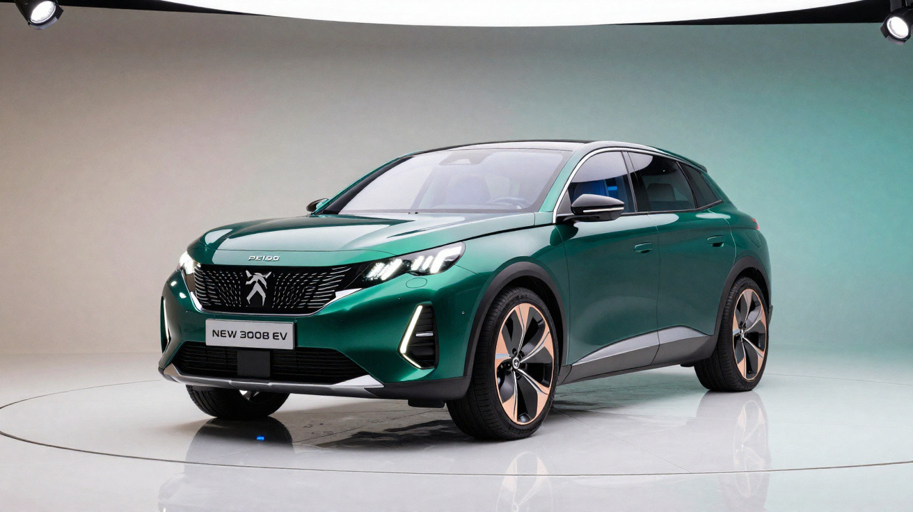 Carro elétrico Peugeot New 3008 EV verde em ambiente de estúdio com iluminação suave.