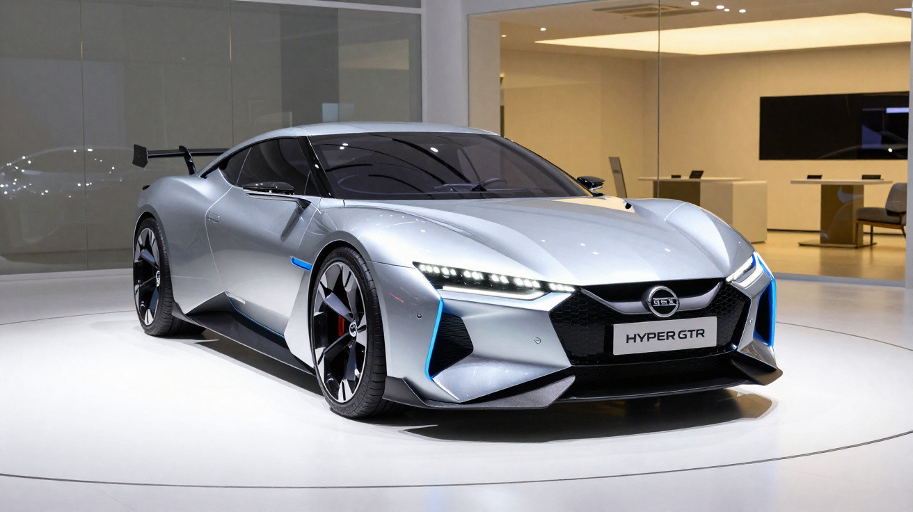 Carro esportivo Nissan Hyper GTR prata exibido em ambiente interno moderno e iluminado.