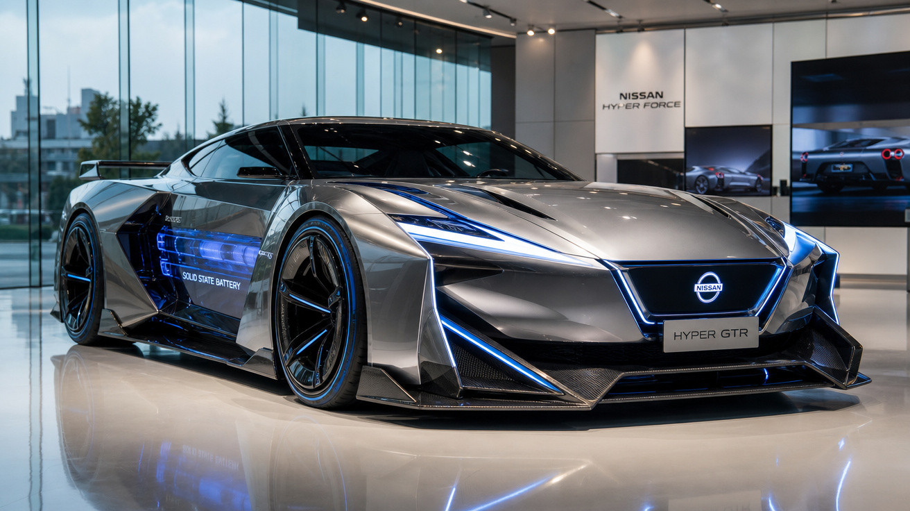Carro esportivo futurista Nissan Hyper GTR prata com luzes azuis em exposição interna.