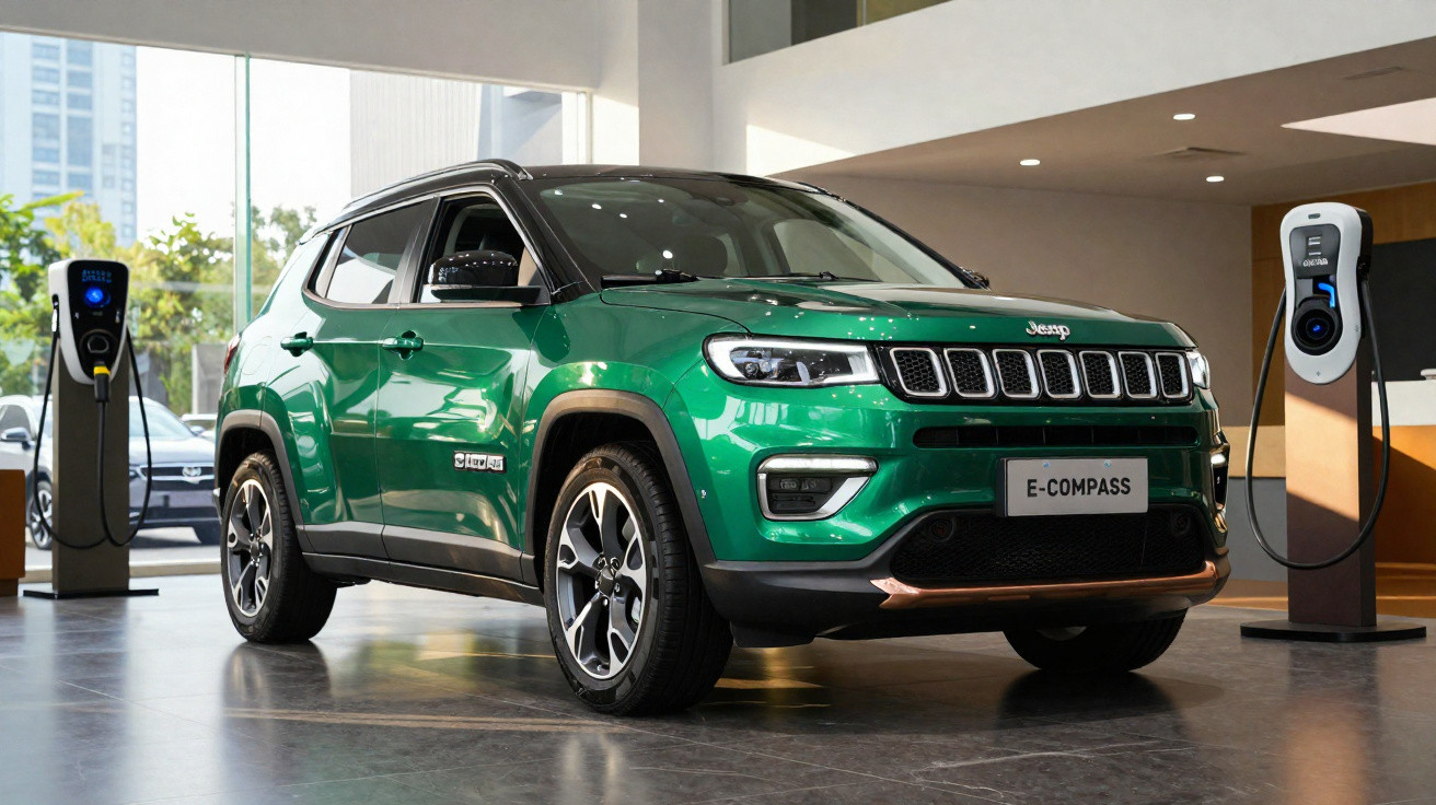 SUV elétrico Jeep E-Compass verde em exposição, entre dois carregadores elétricos, em ambiente interno moderno.