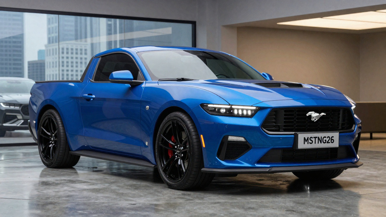 Picape esportiva azul Ford Mustang Mach 1 estacionada em garagem com piso de cimento.