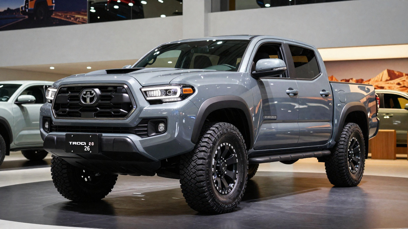 Picape Toyota Tacoma cinza estacionada em exposição interna com pneus off-road.