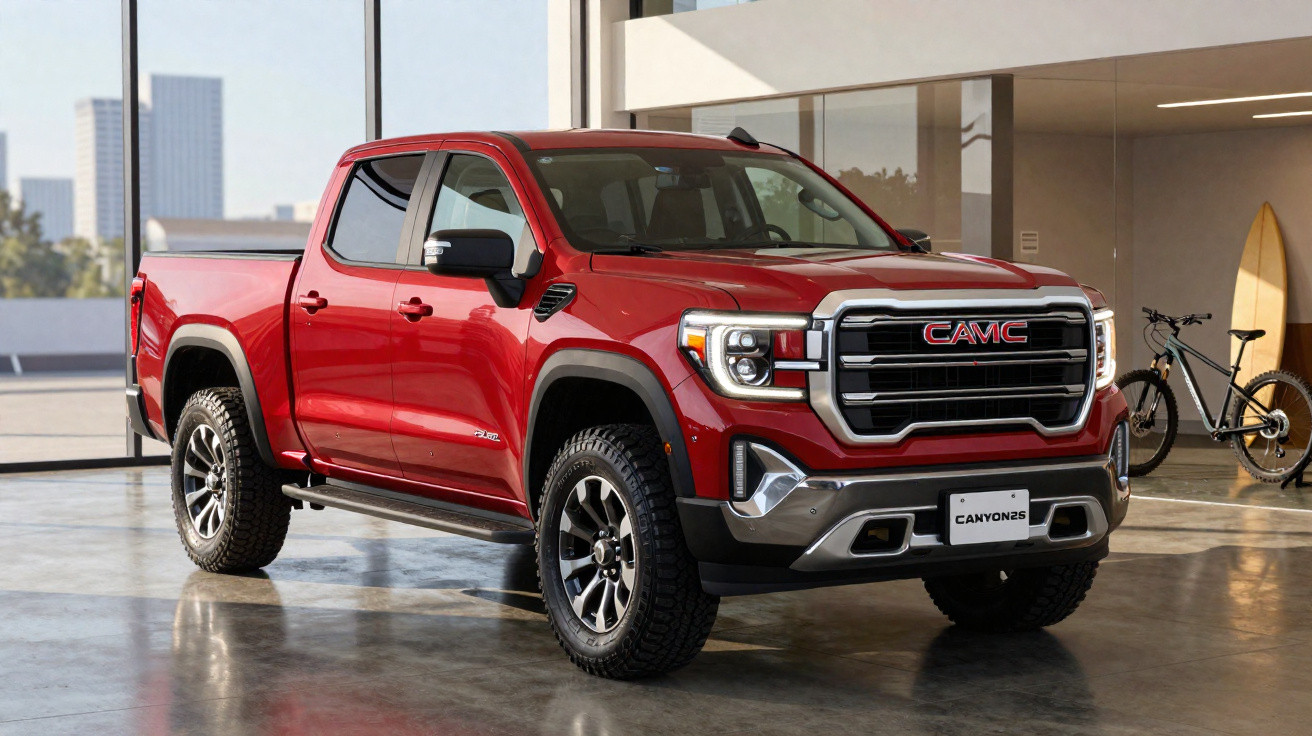 Caminhonete vermelha GMC Canyon ZS estacionada dentro de um espaço moderno com bicicletas ao fundo.