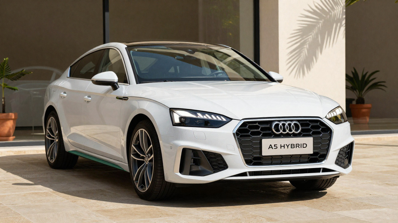 Carro Audi A5 Hybrid branco estacionado em área externa com plantas ao fundo.