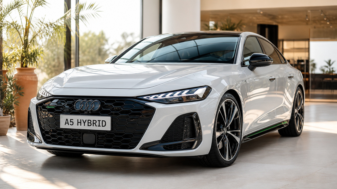 Carro Audi A5 Hybrid branco estacionado em ambiente interno com plantas ao fundo.