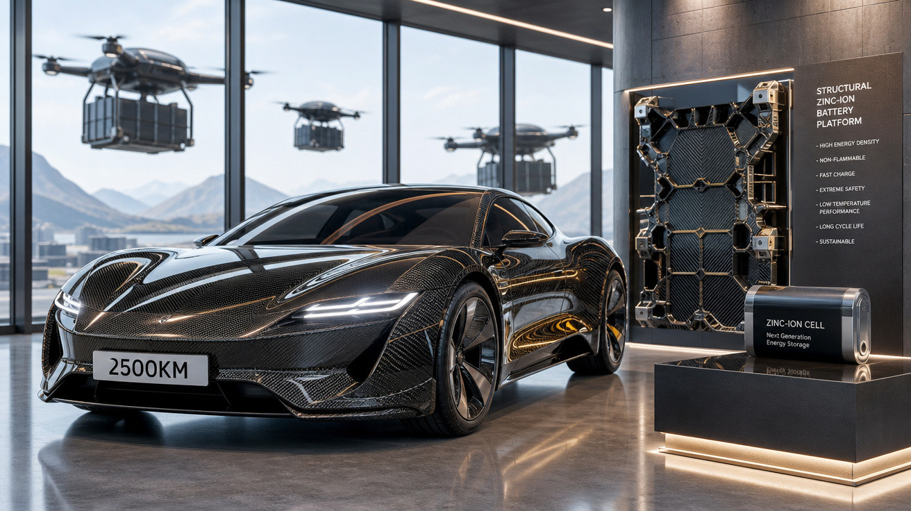 Carro esportivo elétrico preto em showroom futurista com bateria de íon de zinco exposta e drones de carga ao fundo.