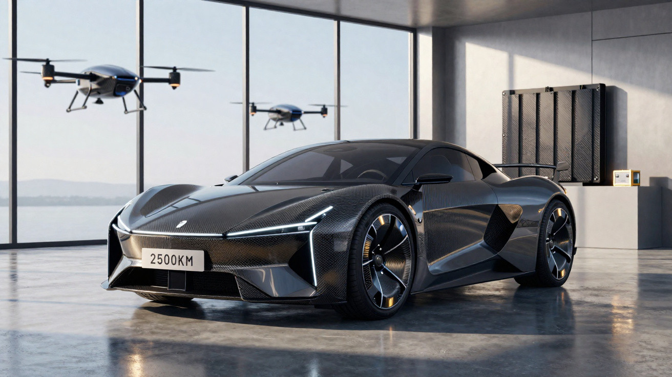 Carro esportivo preto futurista em ambiente interno com drones voando ao fundo, luz natural entrando pelas janelas.