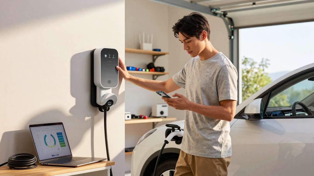 Jovem usando smartphone perto de carregador de carro elétrico instalado em garagem residencial.