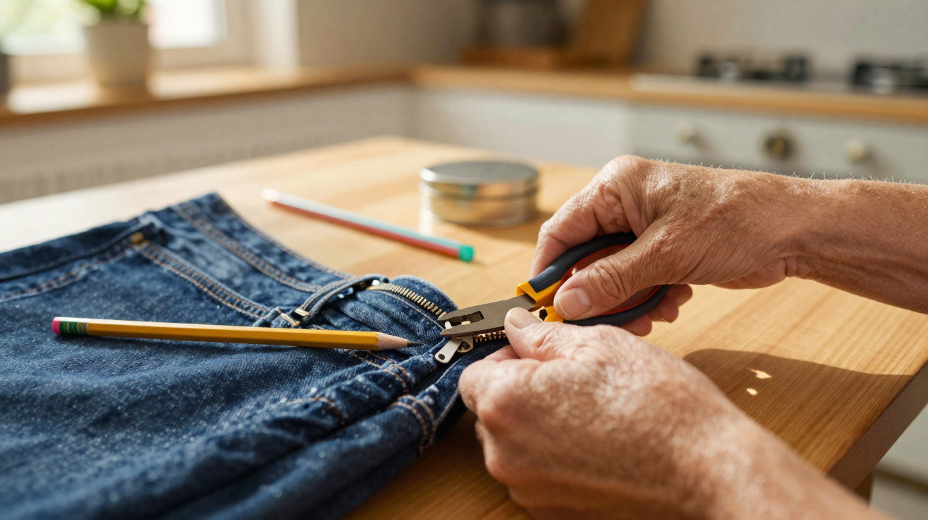 Mãos usando alicate para consertar zíper de calça jeans sobre mesa de madeira.