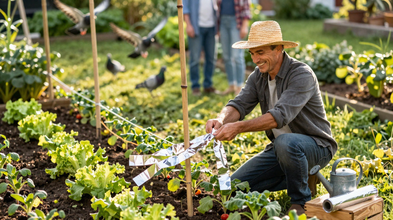 Homem sorridente usando chapéu de palha cuida de plantas em horta urbana cheia de verduras e tomates.