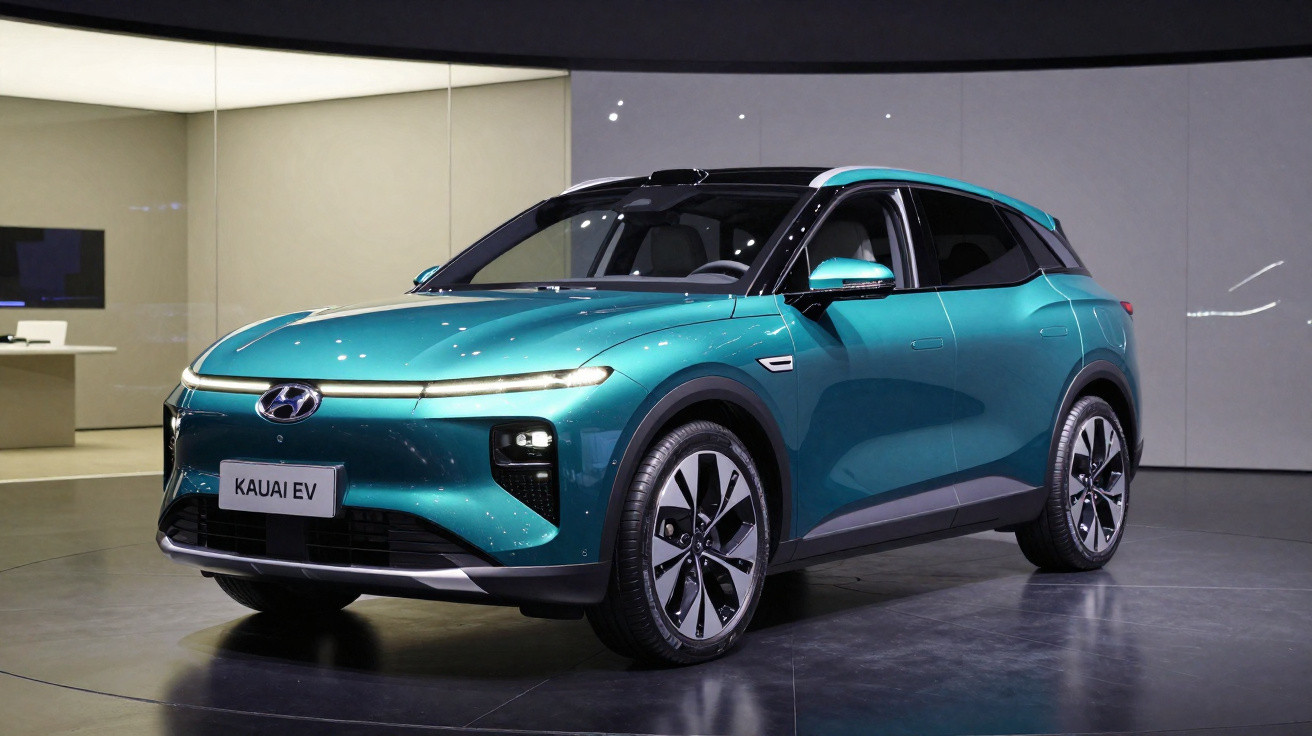 Carro elétrico Hyundai Kauai EV verde em exposição interna com acabamento preto e rodas grandes.