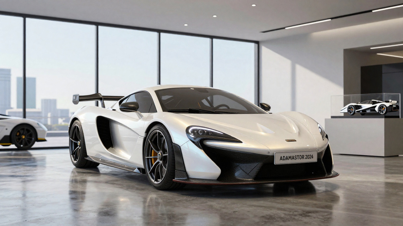 Carro esportivo branco prateado estacionado em showroom moderno com grandes janelas panorâmicas.
