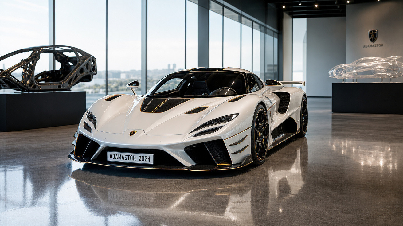 Carro esportivo branco Adamastor 2024 em exposição moderna com estrutura e modelo em acrílico no fundo.